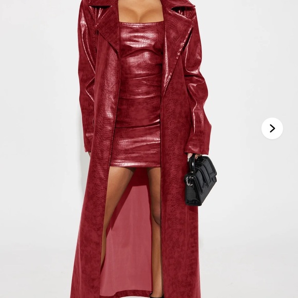 Wine/Red Faux Leather Trench Coat and mini dress set - Picture 2 of 4